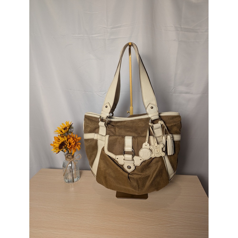 Celine Paris Tote Bag Brown Canvas Leather Bag Charm Shoulder Bag Purse Y2K COA
